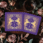 Lila Royal Lion Mittelalterliche Hochzeit Untersetzer<br><div class="desc">Fügen Sie Ihrem Tischfußball königlichen Charme hinzu! Diese individuellen Hochzeitsfeier-Untersetzer zeichnen sich durch ein majestätisches Löwen- und Blumendesign mit Ihren Namen und Monogramm aus, alles in edlem Gold vor einem Lila Hintergrund. Ideal für eine mittelalterliche Fantasy-Feier mit zeitloser Eleganz! Das Gold in diesem Artikel ist NICHT reale Folie und wird...</div>
