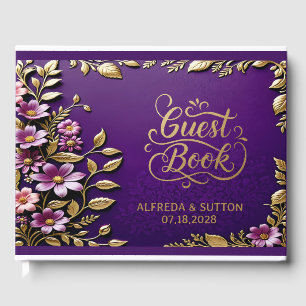 Lila Royal und goldfarbenes elegantes Blumenmuster Gästebuch