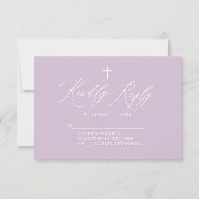 Lila RSVP-Karte für die Taufe des Weißen Kreuzes RSVP Karte (Vorderseite)