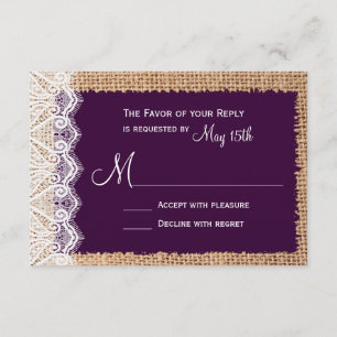 Lila RSVP-Karten für Rustikales Land Burlap RSVP Karte