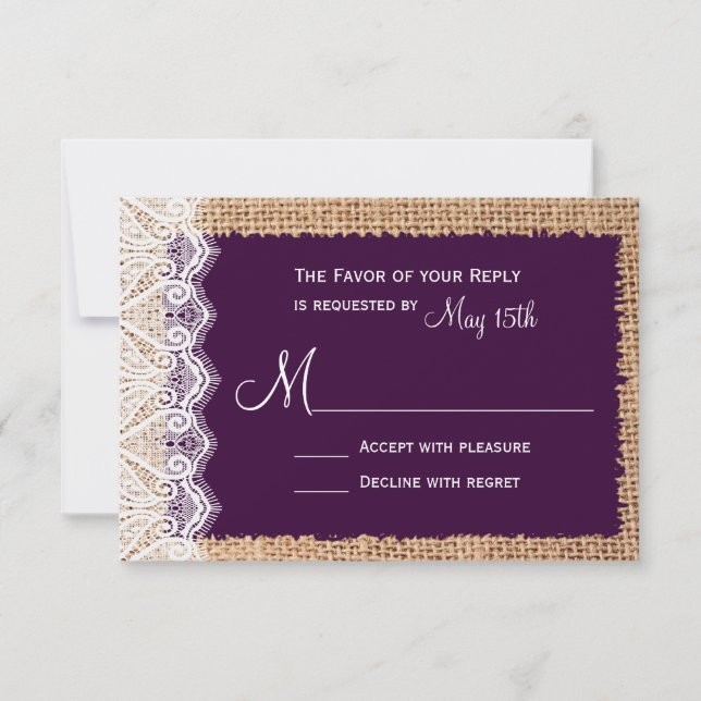 Lila RSVP-Karten für Rustikales Land Burlap RSVP Karte (Vorderseite)