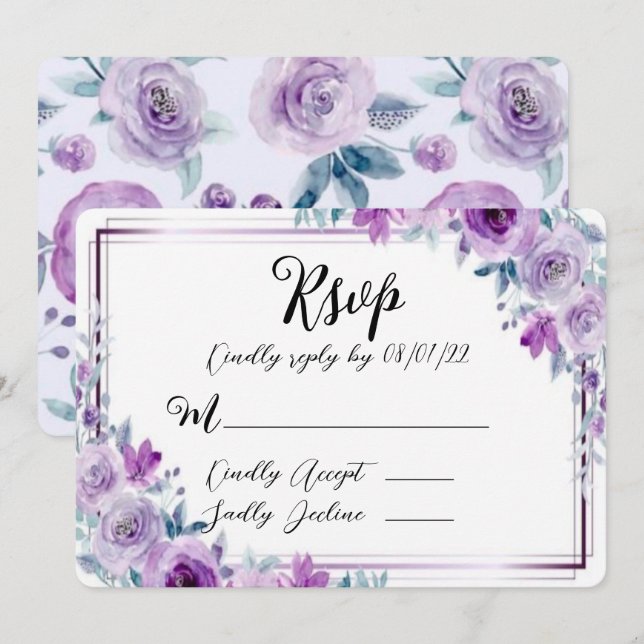 Lila RSVP-Karten für Wasserfarbenpeony Einladung (Vorne/Hinten)