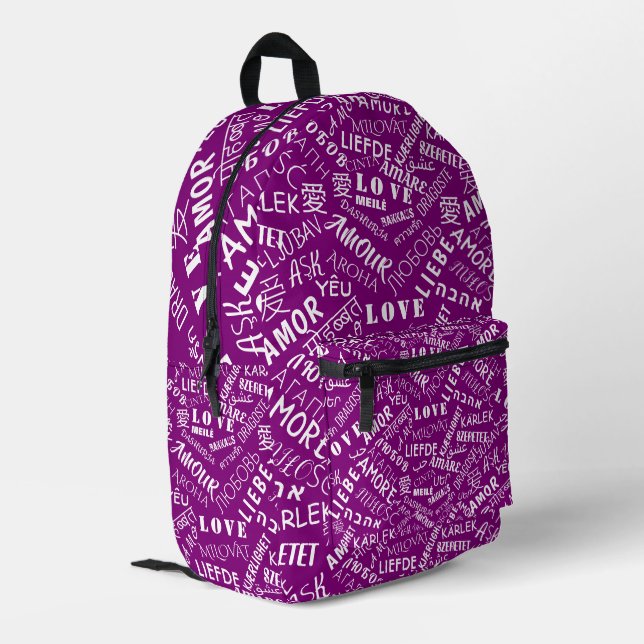 Lila Rucksack mit mehrsprachiger Liebe (Rückseitige Ecke links)