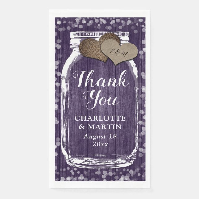 Lila Rustic Wood Mason Jar Wedding Vielen Dank Serviette (Vorderseite)