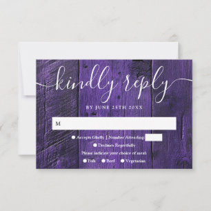 Lila Rustikale Barn Wood Boho Western Hochzeit RSVP Karte