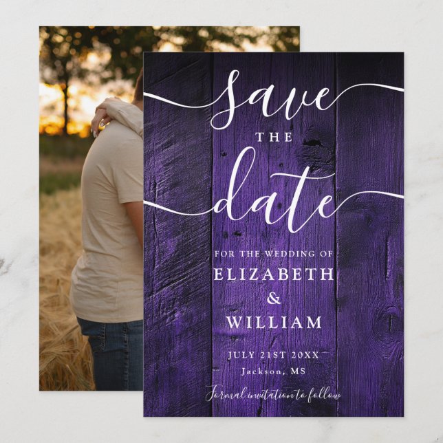 Lila Rustikale Barnholz Boho Chic Foto Hochzeit Save The Date (Vorne/Hinten)