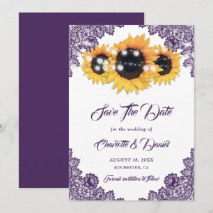 Lila Rustikale Blumen-Spitze-Sonnenblumen-Hochzeit Save The Date