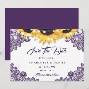 Lila Rustikale Blumen-Spitzen-Sonnenblumen-Hochzei Save The Date