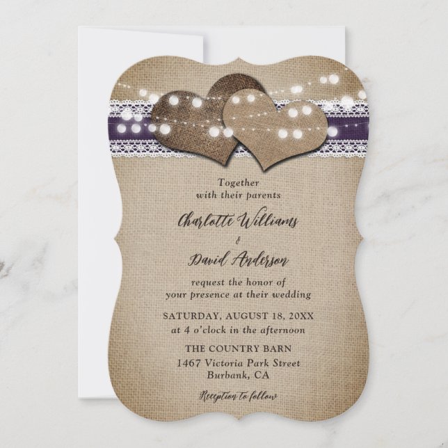Lila Rustikale Burlap Lace Hochzeit Einladung (Vorderseite)