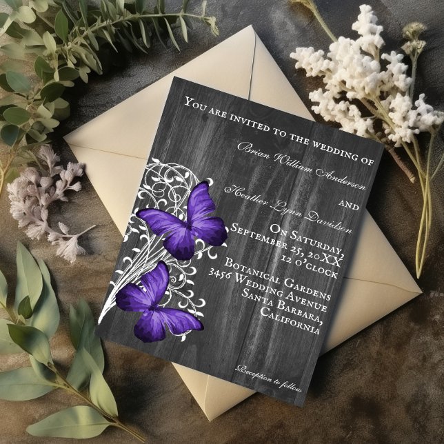 Lila Rustikale Butterfly-Einladung Einladung (Purple Rustic Butterfly Wedding Invitation)