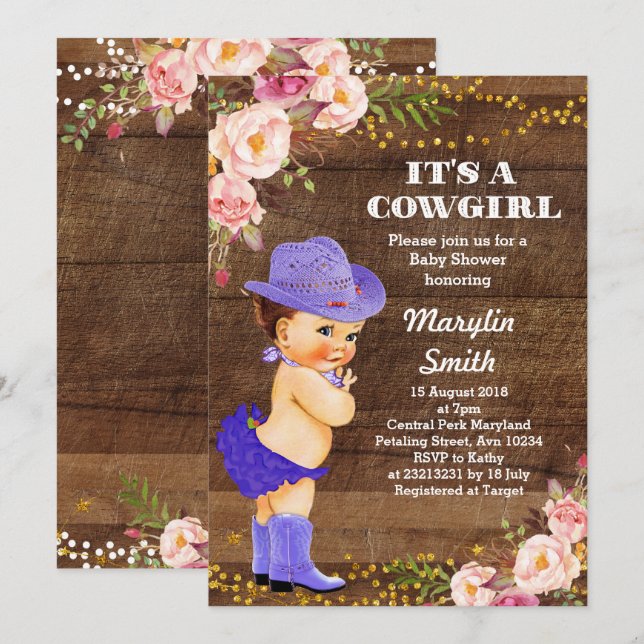 Lila rustikale Cowgirl-Babyduschkarte Einladung (Vorne/Hinten)