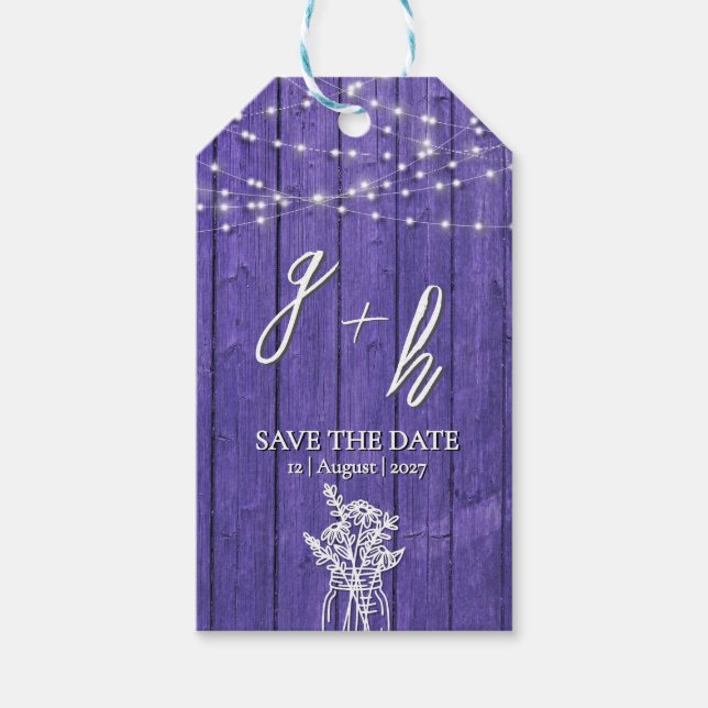 Lila rustikale Holz String Lights Boho Mason Jar Geschenkanhänger (Vorderseite)