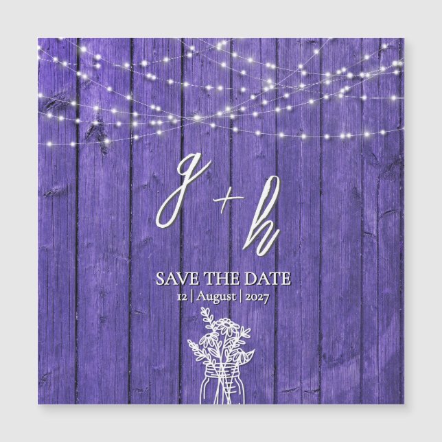 Lila rustikale Holz String Lights Boho Mason Jar Magnetkarte (Vorderseite)