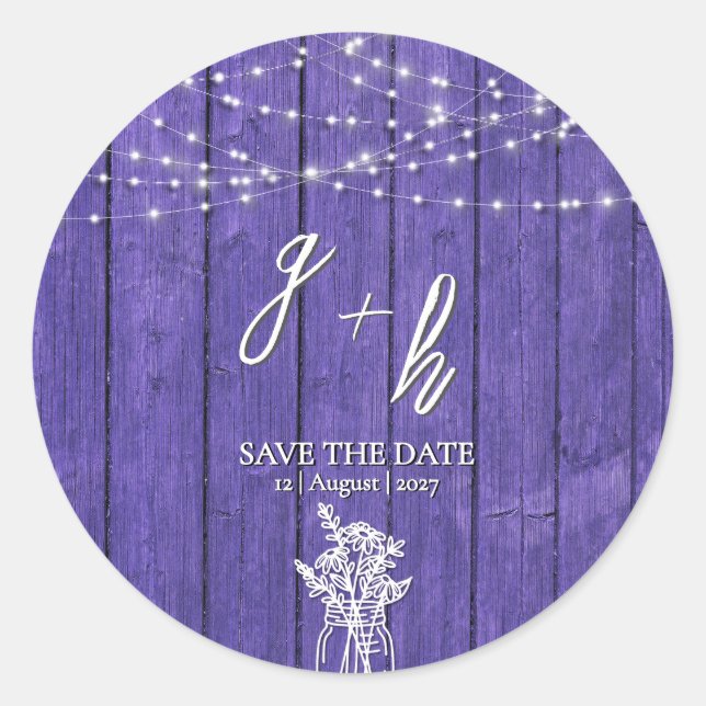 Lila rustikale Holz String Lights Boho Mason Jar Runder Aufkleber (Vorderseite)