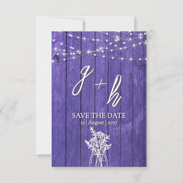Lila rustikale Holz String Lights Boho Mason Jar Save The Date (Vorderseite)