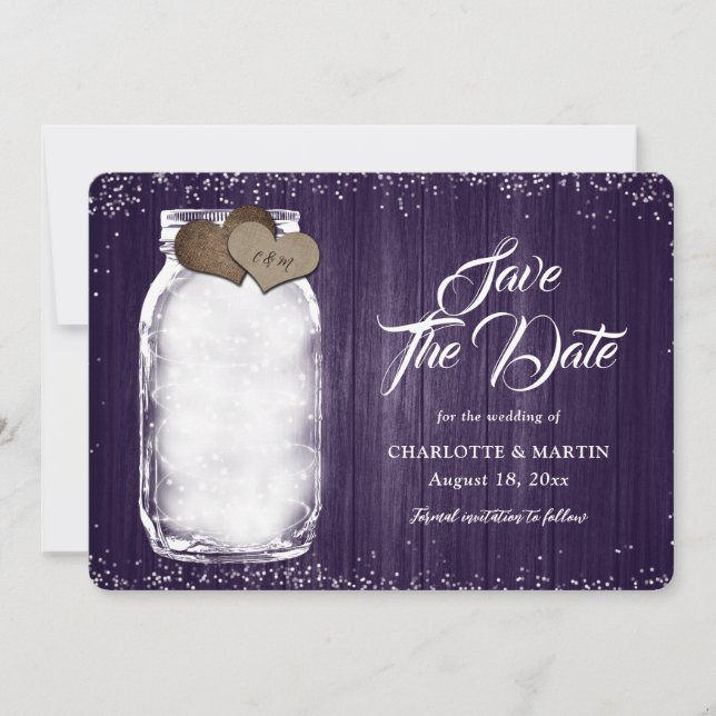 Lila rustikale Mason Jar String Lights Wood Weddin Save The Date (Vorderseite)