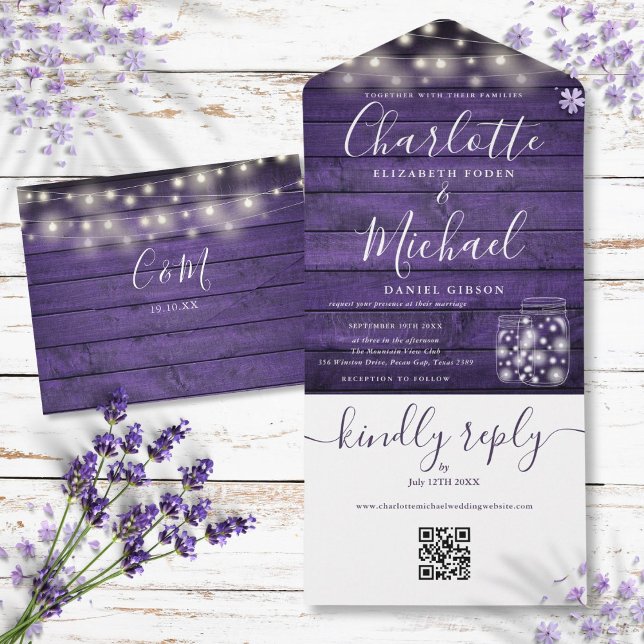 Lila rustikale QR Code Mason Jars Lights Hochzeit All In One Einladung (Purple Rustic QR Code Mason Jars Lights Wedding All In One Invitation)
