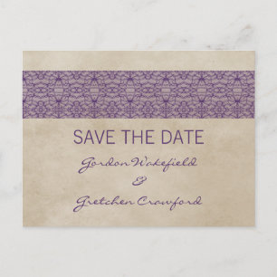 Lila rustikale Spitze Save the Date Postkarte