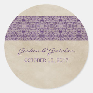 Lila Rustikale Spitzen-Hochzeitskleber Runder Aufkleber