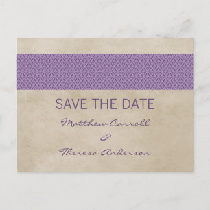 Lila rustikaler Damast Save the Date Postkarte