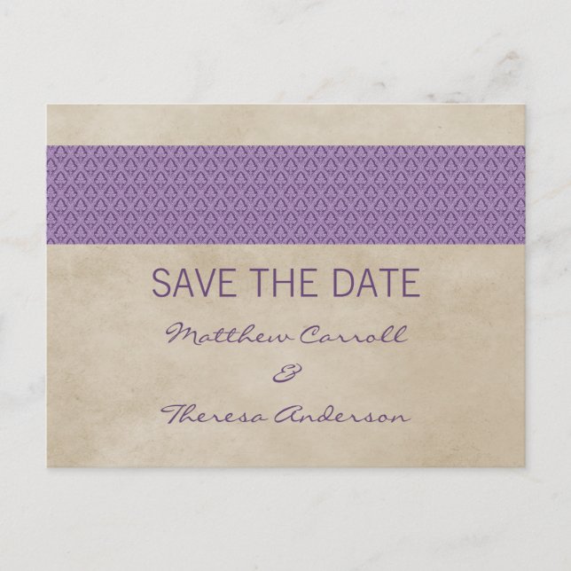Lila rustikaler Damast Save the Date Postkarte (Vorderseite)