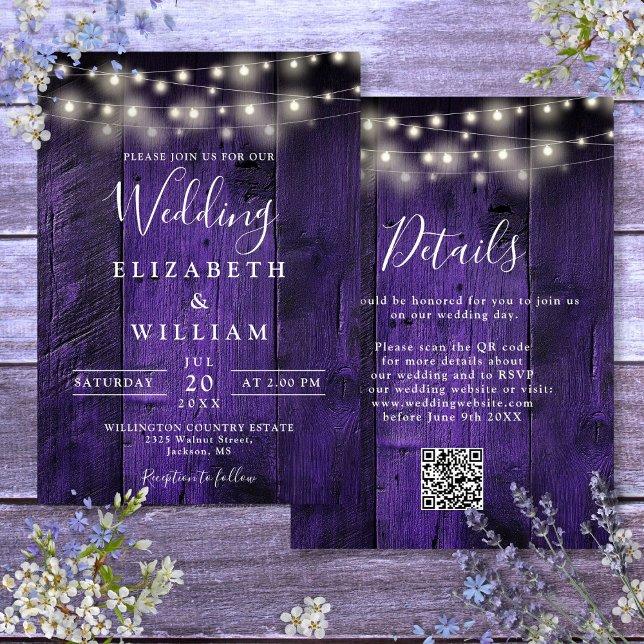 Lila rustikaler Holzverspannungs-String-Lights QR- Einladung (Purple Rustic Wood Wedding String Lights QR Code Invitation)
