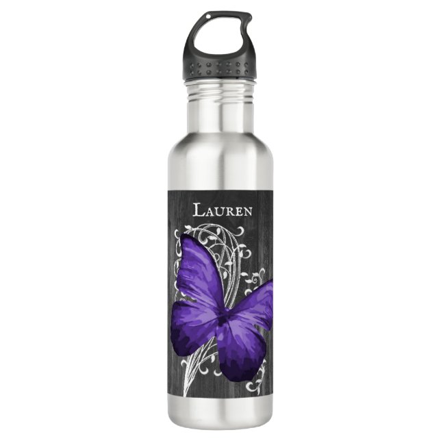 Lila Rustikaler Schmetterling Personalisiert Edelstahlflasche (Vorderseite)