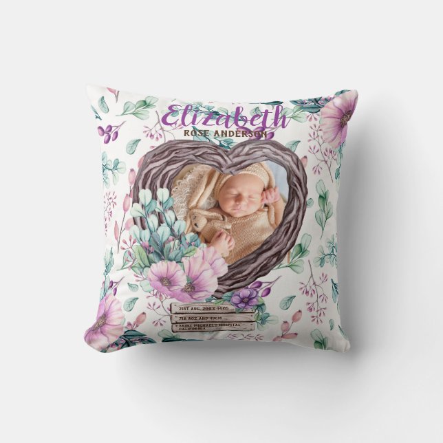 Lila rustikales Foto New Baby Birth Stats Floral Kissen (Vorderseite)