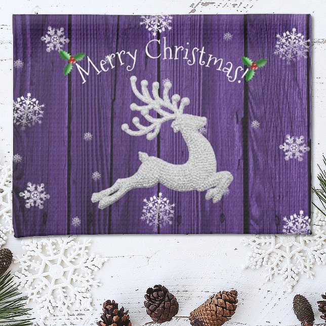 Lila Rustikales Weihnachtshandtuch Geschirrtuch (Purple Rustic Christmas Reindeer Kitchen Towel)
