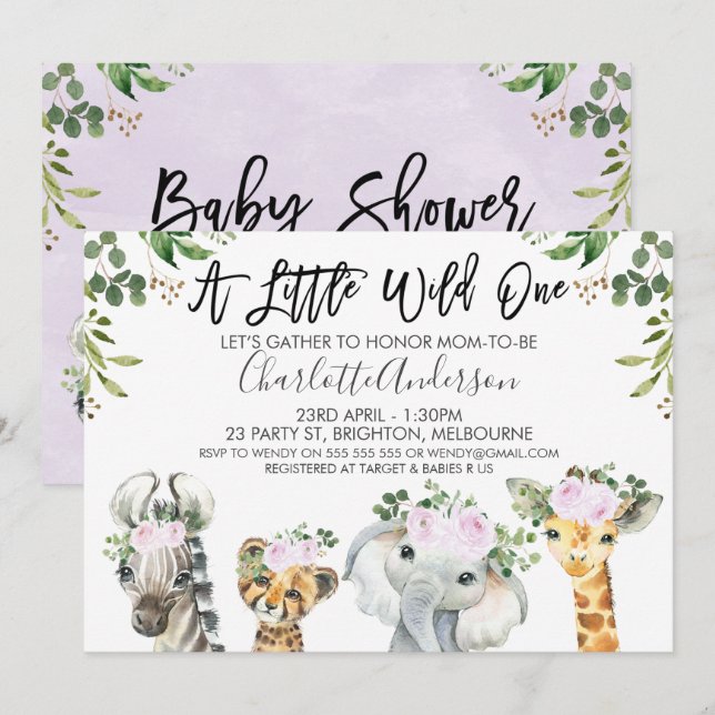 Lila Safari Animals Kinderdusche Einladung (Vorne/Hinten)