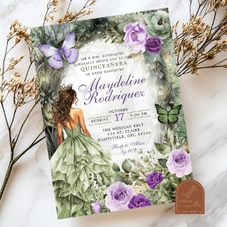 Lila Sage Green Whimsiswald Quinceanera Einladung