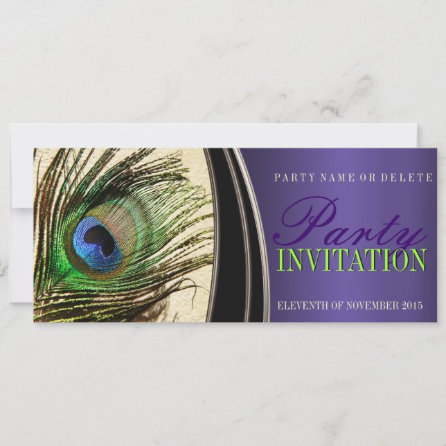 Lila Satin Stilvolle Peacock Feather Einladungen (Vorderseite)