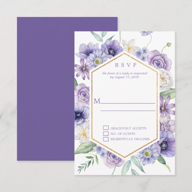 Lila Säulen, Anemone, geometrische Rose RSVP Karte (Vorne/Hinten)