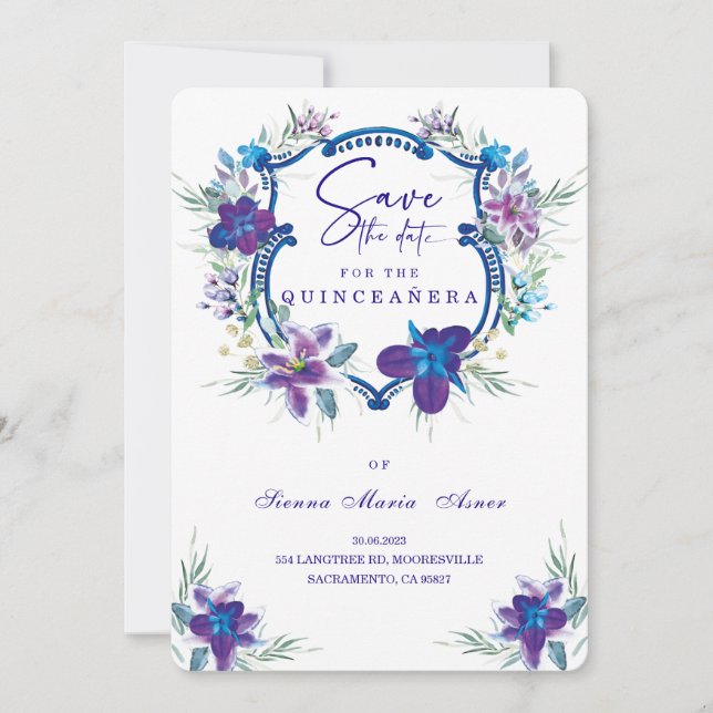 Lila Save the Date Einladung von Quinceañera (Vorderseite)
