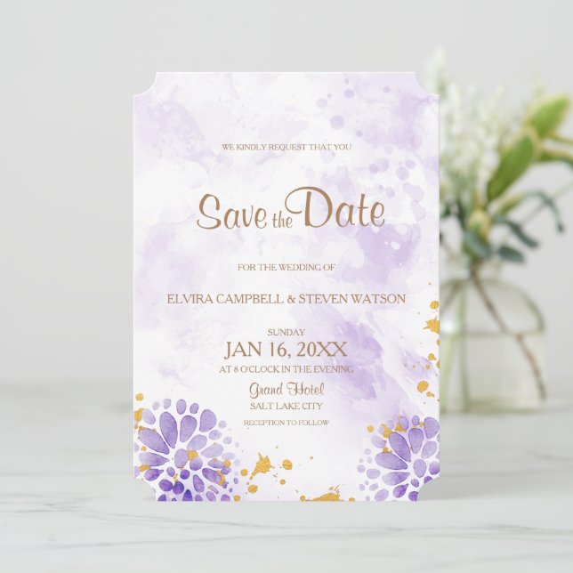 Lila Save the Date-Karte Date (Stehend Vorderseite)