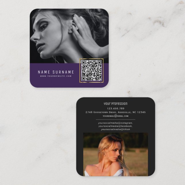 Lila scannbares Strichcode QR-Foto  Quadratische Visitenkarte (Vorne/Hinten)