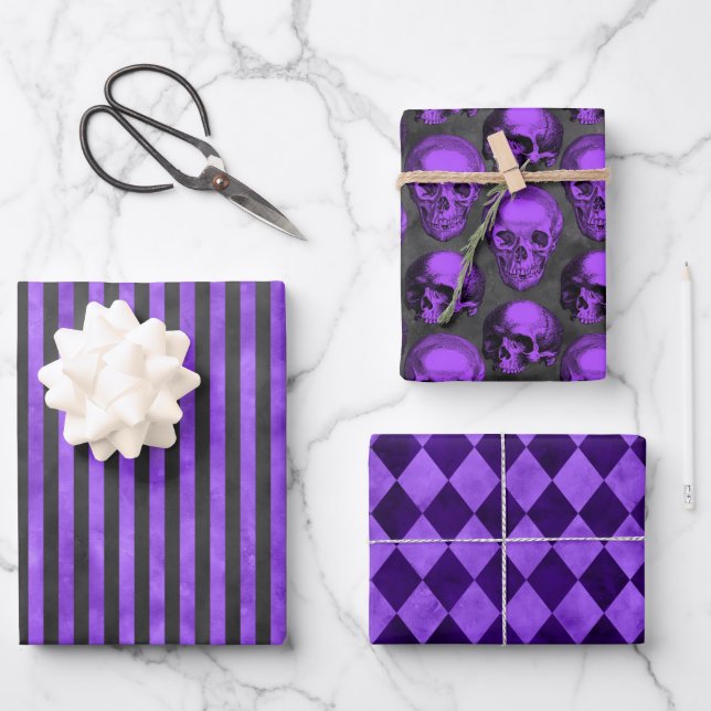 Lila Schädel und Sonnenblumen, Design 5 Geschenkpapier Set (Vorderseite)