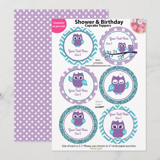 Lila Schälchen mit Aquamarinen Kuchentopfern, Baby Einladung (Vorne/Hinten)