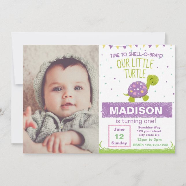 Lila Schildkröte zum Geburtstag Einladung mit Foto (Vorderseite)