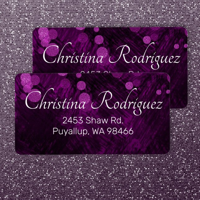 Lila, schimmernde Leuchtenanschrift Mailing Labels Adressaufkleber (purple shimmery lights shimmers address labels, elegant script writing quinceanera mailing labels)