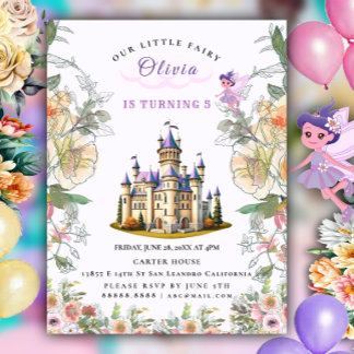 Lila Schloss Messe Geburtstag Thema mit Märchen Einladungspostkarte
