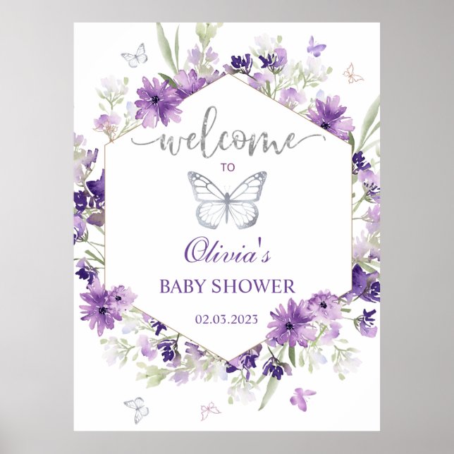 Lila Schmetterling Babydusche Poster (Vorne)