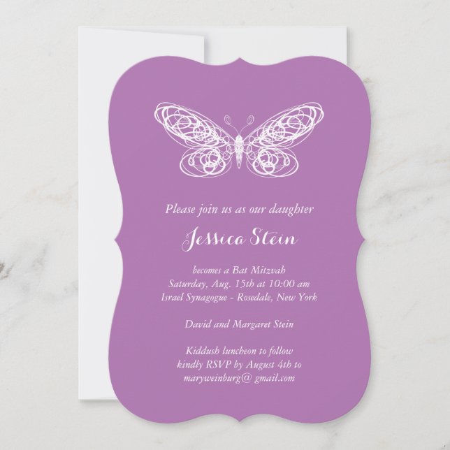 Lila Schmetterling Bat Mitzvah Einladung (Vorderseite)