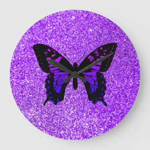 Lila Schmetterling Faux Violetter Glitter für Mädc Große Wanduhr