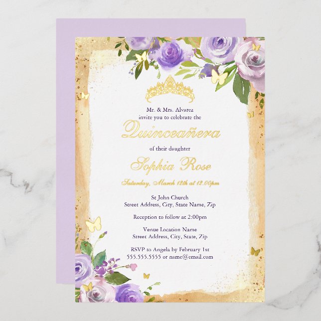 Lila Schmetterling Floral Rosen Quinceanera Folieneinladung (Vorderseite/Rückseite)