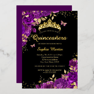 Lila Schmetterling Gold Elegante Quinceanera Folieneinladung