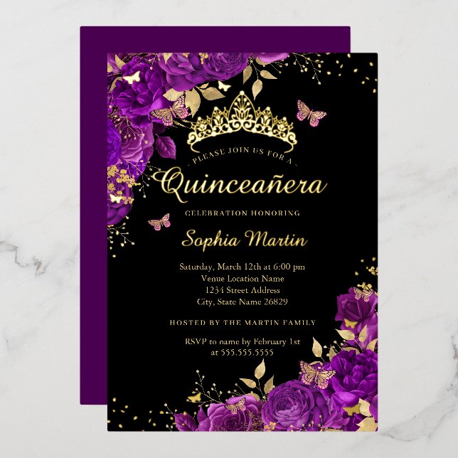Lila Schmetterling Gold Elegante Quinceanera Folieneinladung (Vorderseite/Rückseite)
