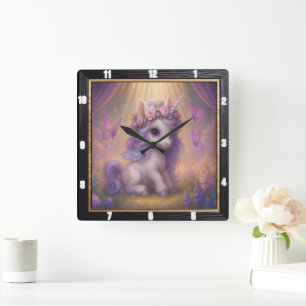 Lila Schmetterling Magisches Einhorn Quadratische Wanduhr