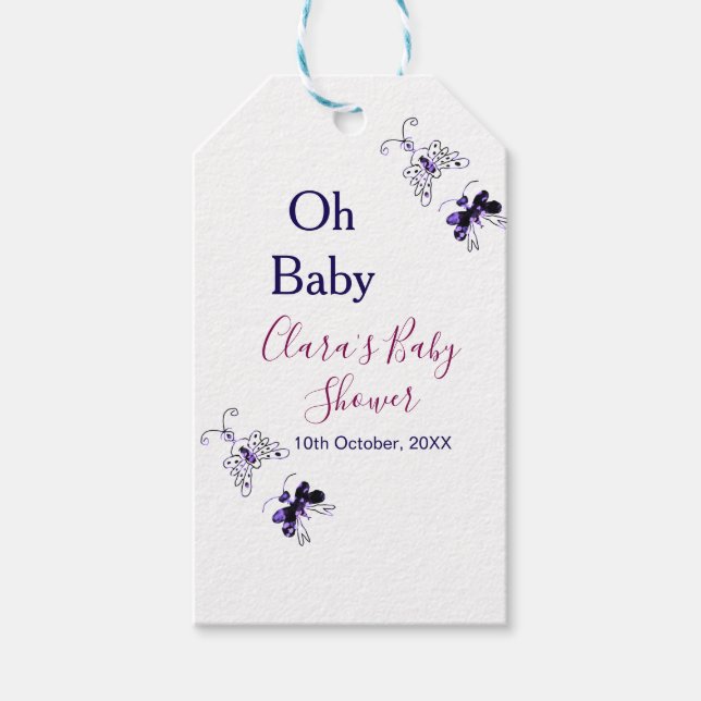 Lila Schmetterling Rosa Babydusche - Baby modern Geschenkanhänger (Vorderseite)