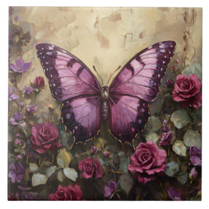 Lila-Schmetterling-Rosenstrauch-Malerei Fliese